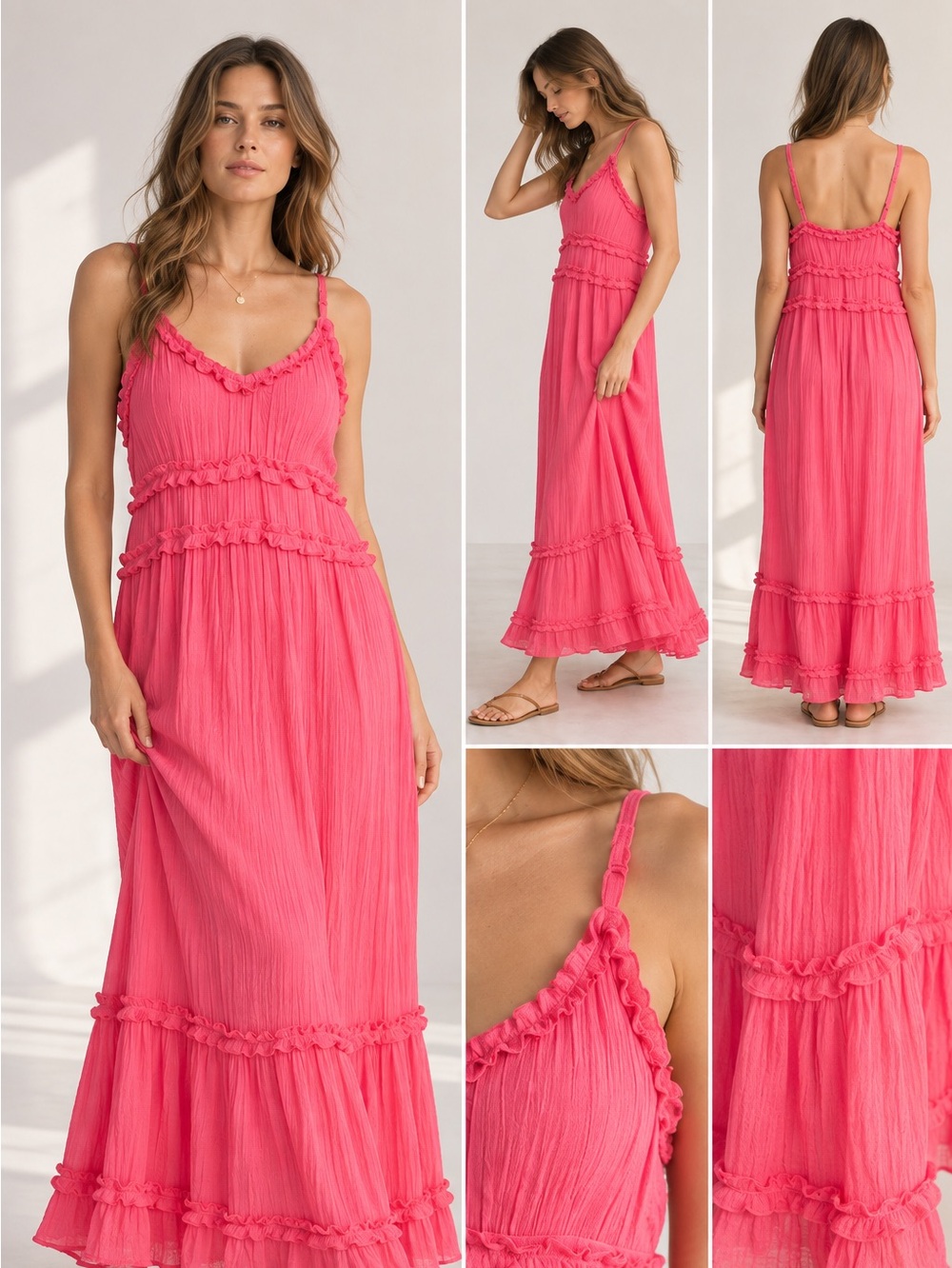 Charlotte Russe Pink Ruffle Maxi Dress XL Boho Tiered Adjustable Straps NWT